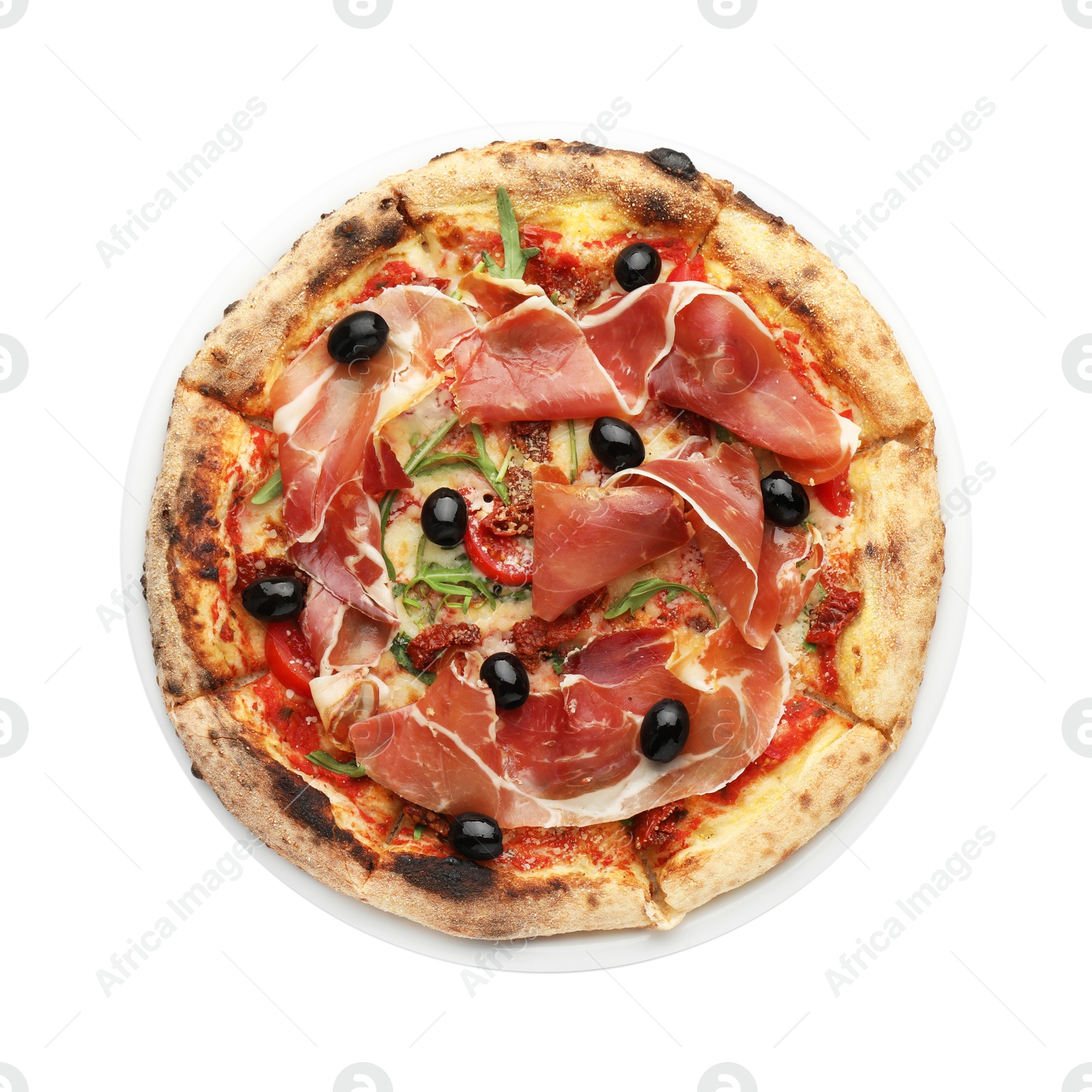 Photo of Tasty pizza with cured ham, olives and tomato isolated on white, top view