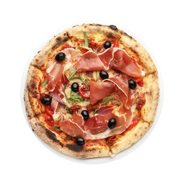 Photo of Tasty pizza with cured ham, olives and tomato isolated on white, top view