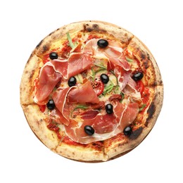 Photo of Tasty pizza with cured ham, olives and tomato isolated on white, top view