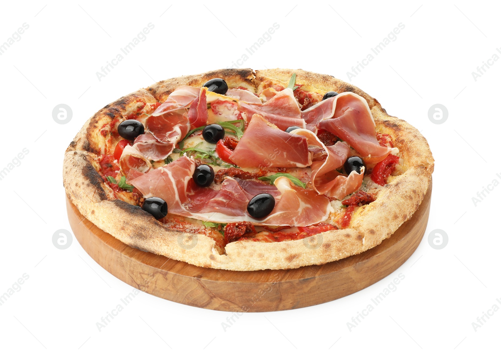 Photo of Tasty pizza with cured ham, olives and tomato isolated on white