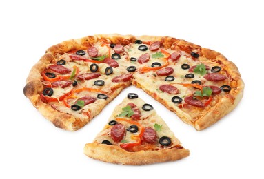 Photo of Tasty pizza with dry smoked sausages, olives, pepper and cheese isolated on white