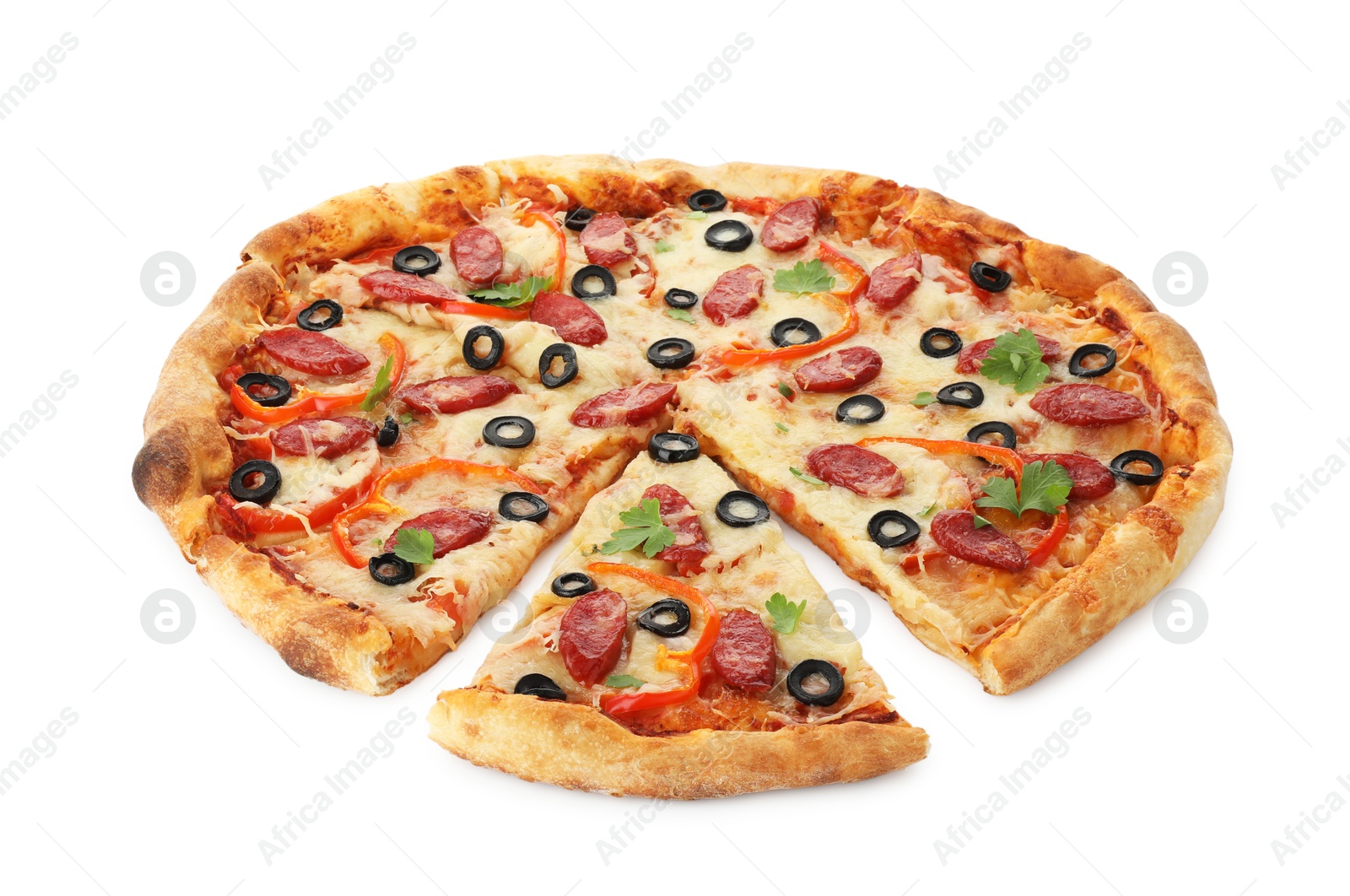 Photo of Tasty pizza with dry smoked sausages, olives, pepper and cheese isolated on white