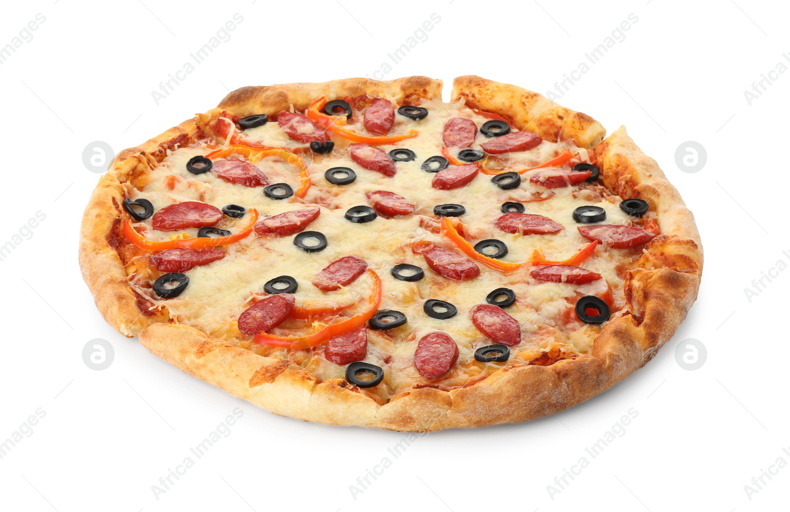 Photo of Tasty pizza with cheese, dry smoked sausages, olives and pepper isolated on white