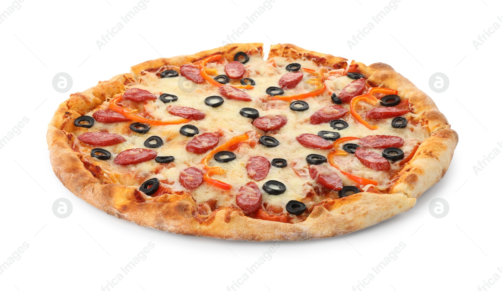 Photo of Tasty pizza with cheese, dry smoked sausages, olives and pepper isolated on white