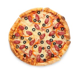 Photo of Tasty pizza with cheese, dry smoked sausages, olives and pepper isolated on white, top view