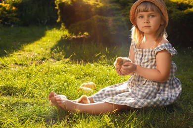 Photo of Little girl with cute chicks on green grass outdoors. Baby animals
