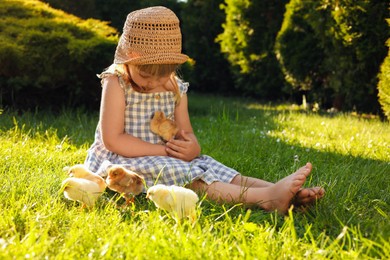 Photo of Little girl with cute chicks on green grass outdoors. Baby animals