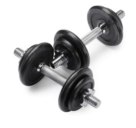 Photo of Metal dumbbells isolated on white. Sports equipment