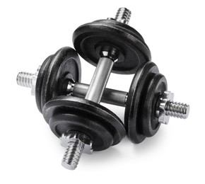 Photo of Metal dumbbells isolated on white. Sports equipment