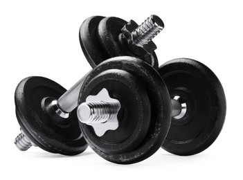 Metal dumbbells isolated on white. Sports equipment