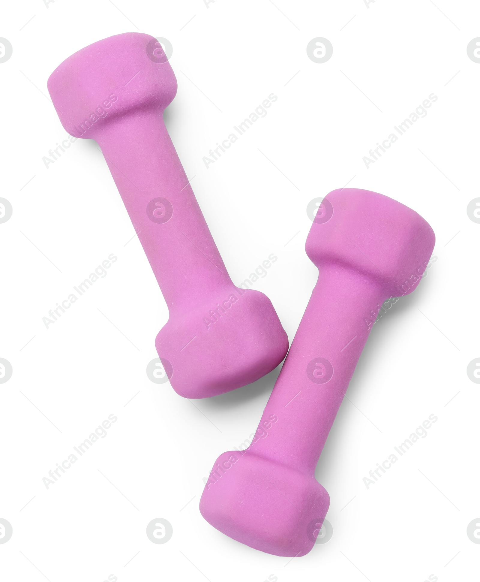 Photo of Violet dumbbells isolated on white, top view. Sports equipment