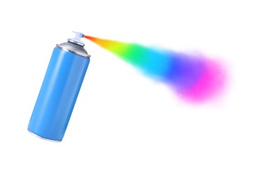 Aerosol can spraying colorful paint isolated on white