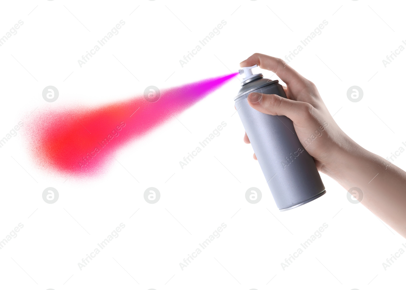 Image of Man spraying colorful paint on white background, closeup