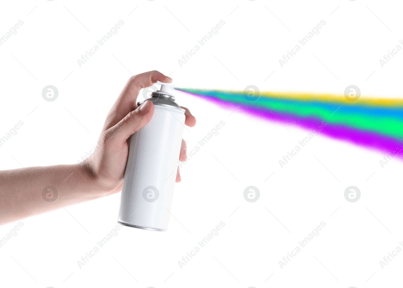 Image of Man spraying colorful paint on white background, closeup