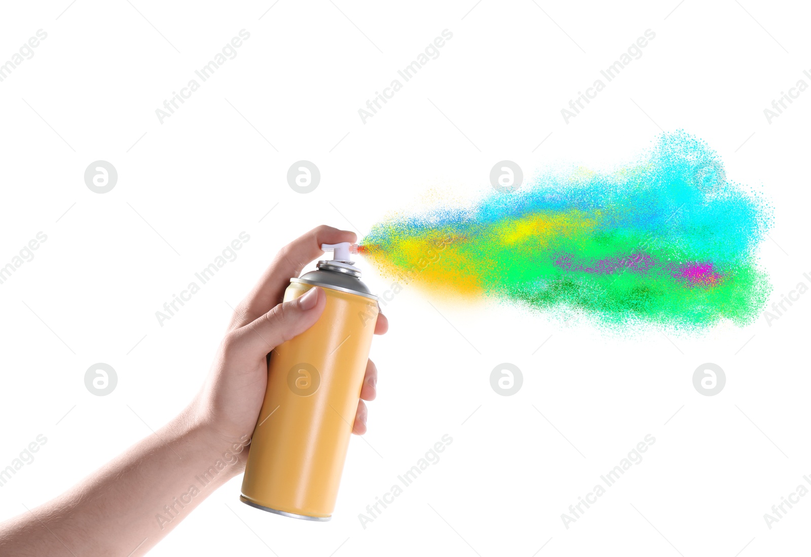 Image of Man spraying colorful paint on white background, closeup