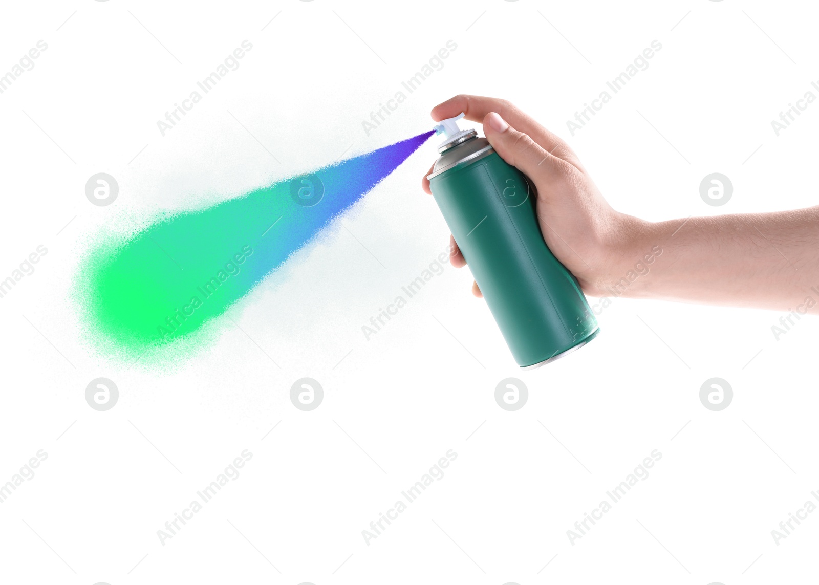 Image of Man spraying colorful paint on white background, closeup