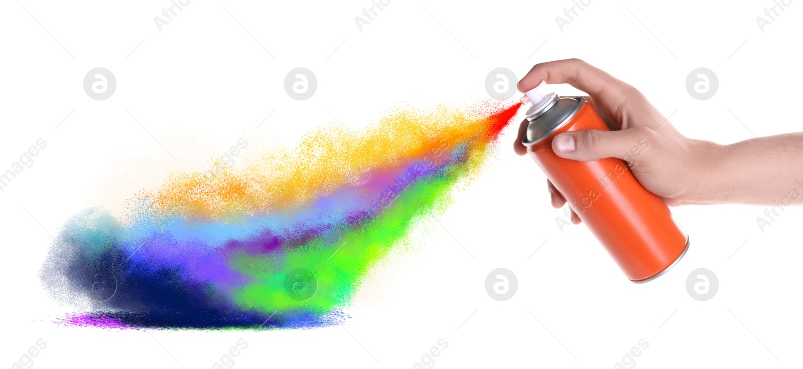 Image of Man spraying colorful paint on white background, closeup