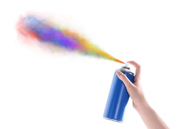 Man spraying colorful paint on white background, closeup