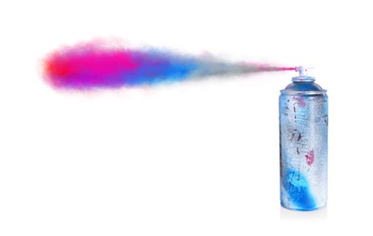 Aerosol can spraying colorful paint isolated on white