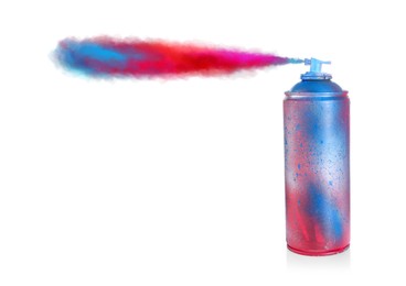 Aerosol can spraying colorful paint isolated on white