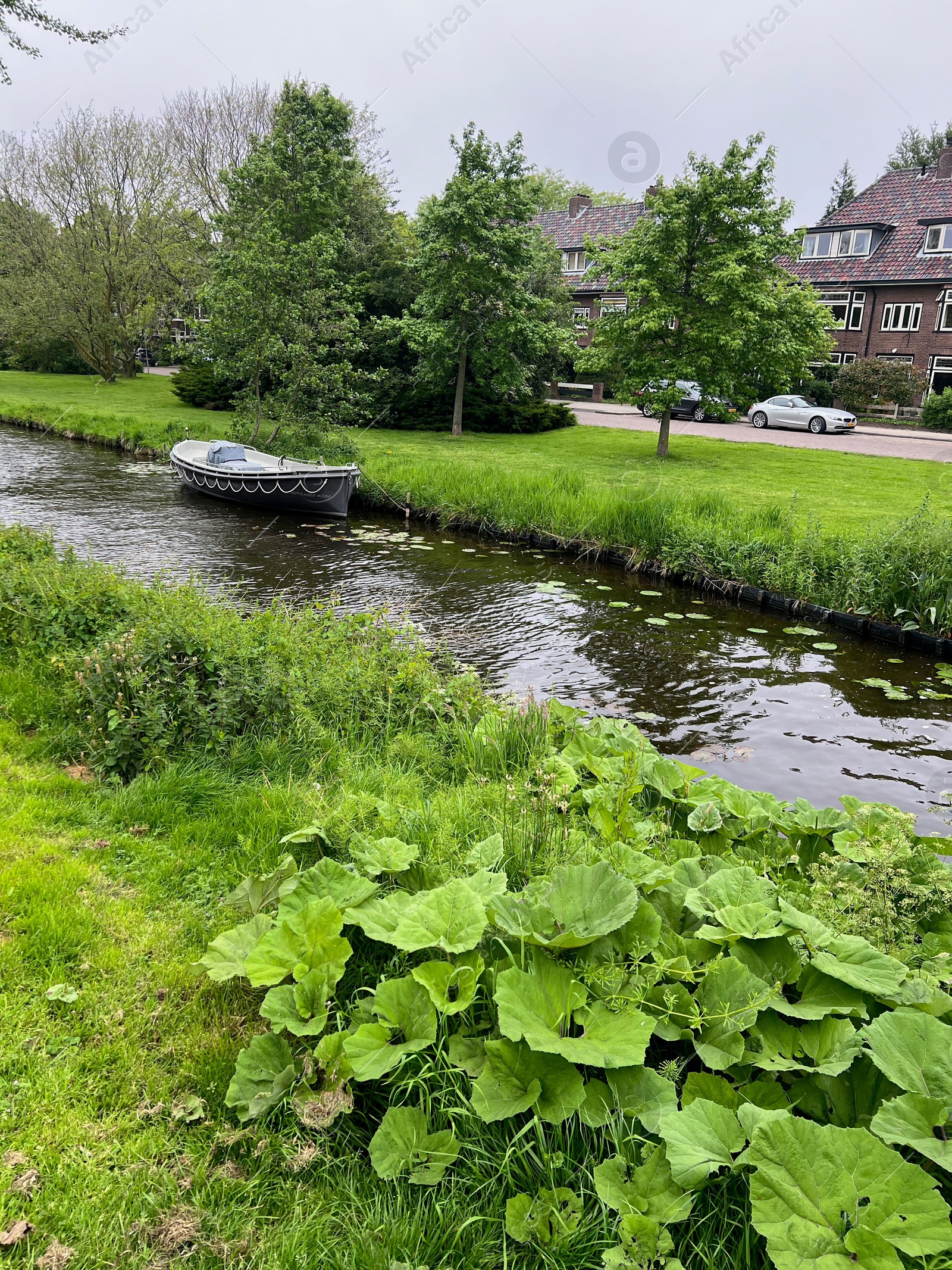 Photo of Canal with moored boat between green shores
