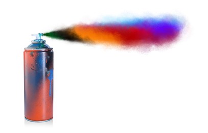 Image of Aerosol can spraying colorful paint isolated on white