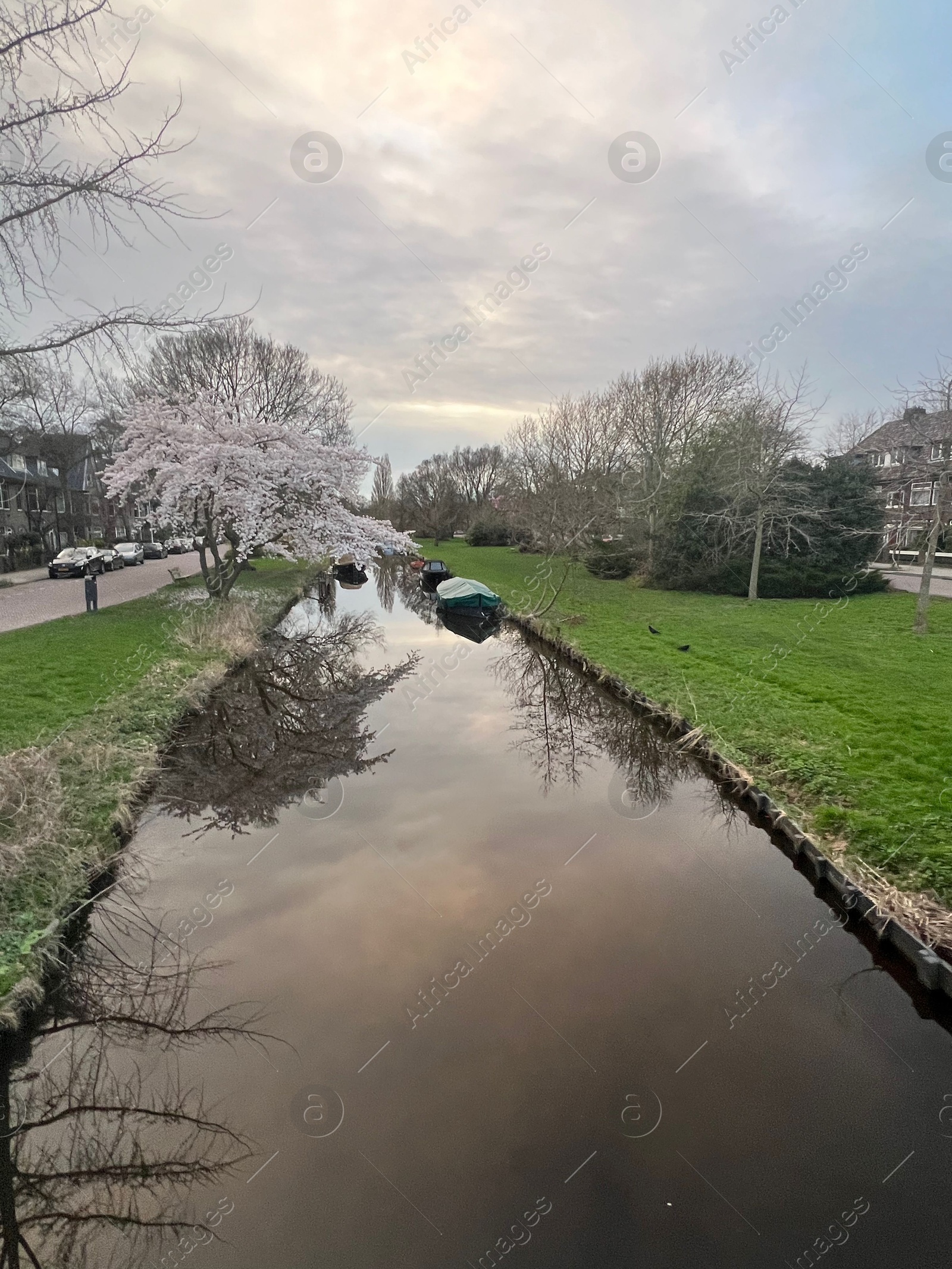 Photo of Picturesque view of canal with moored boats and blossoming trees in spring