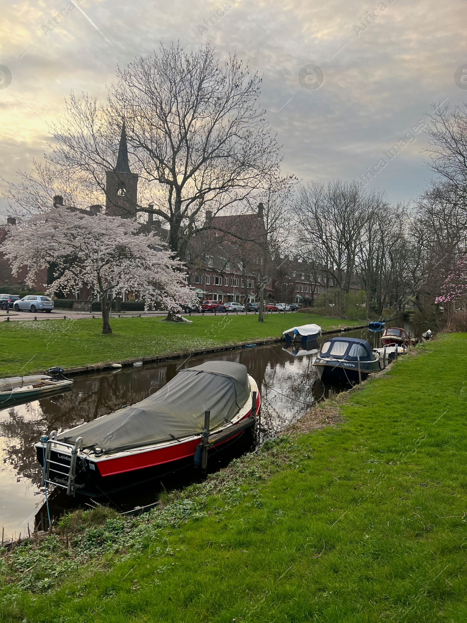 Photo of Picturesque view of canal with moored boats and blossoming trees in spring
