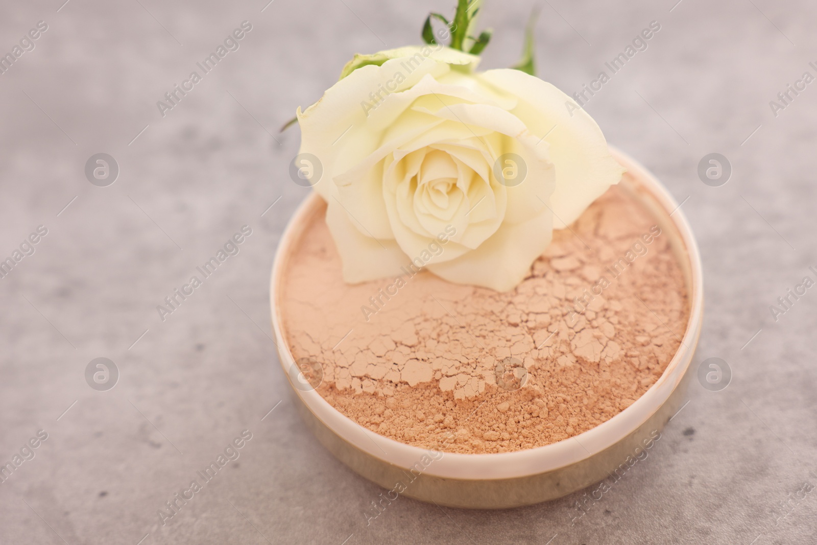 Photo of Face powder and rose flower on grey textured table, closeup
