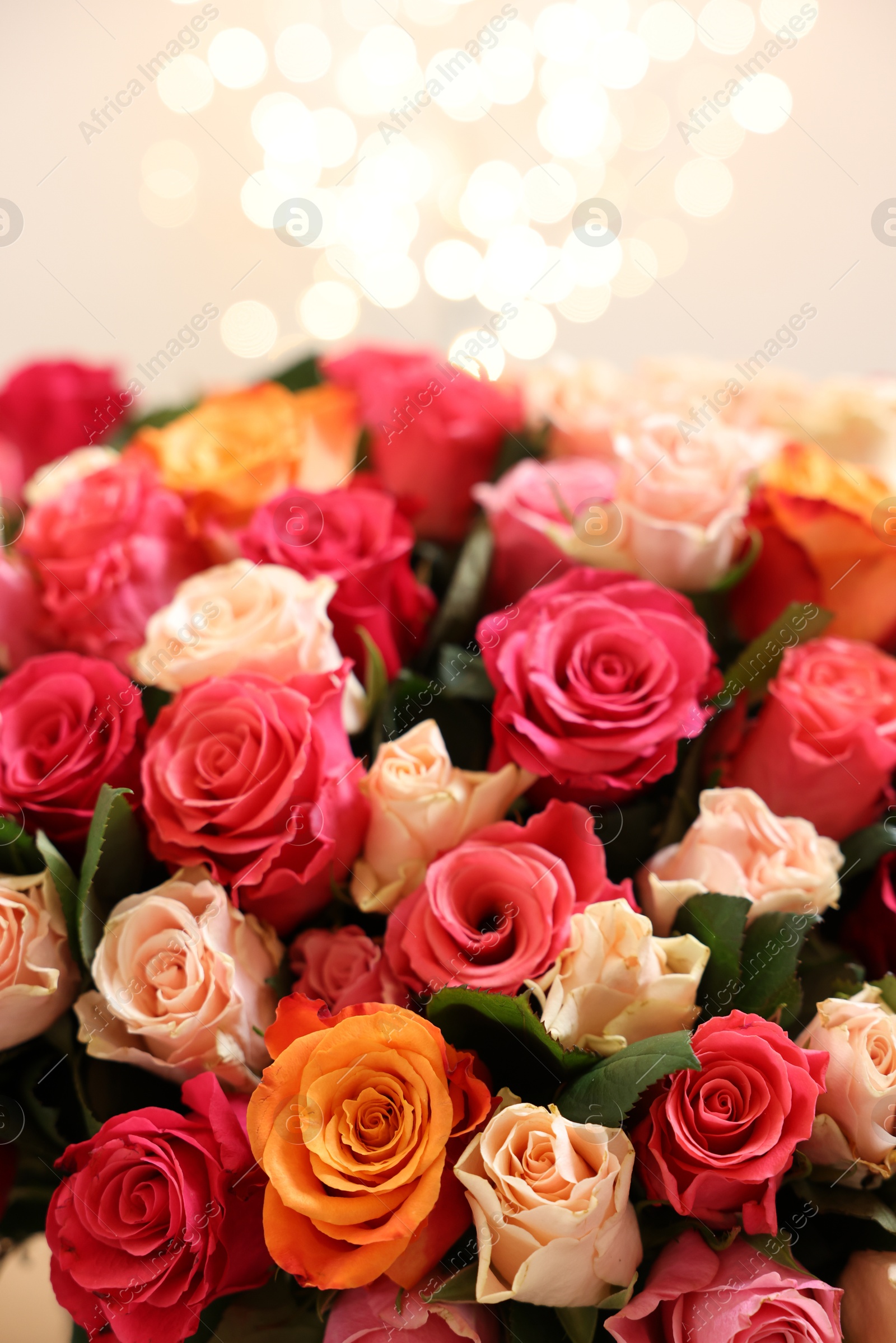 Photo of Beautiful bouquet of colorful roses on beige background, closeup