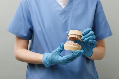 Photo of Doctor holding dental model with jaws on grey background, closeup. Cast of teeth
