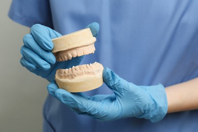 Doctor holding dental model with jaws on grey background, selective focus. Cast of teeth