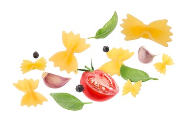 Image of Raw pasta, tomatoes, garlic and basil in air on white background