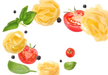 Image of Raw pasta, tomatoes and basil in air on white background