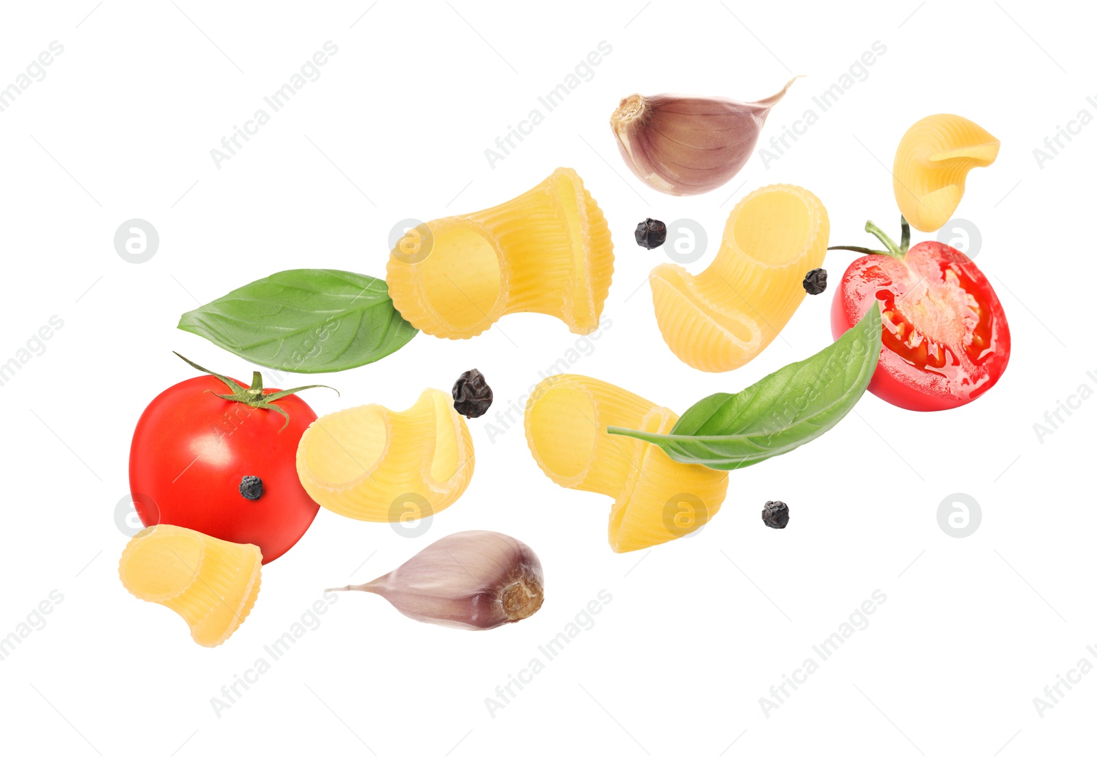 Image of Raw pasta, tomatoes, garlic and basil in air on white background