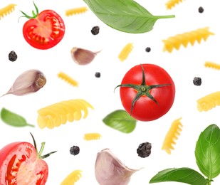 Image of Raw pasta, tomatoes, garlic and basil in air on white background