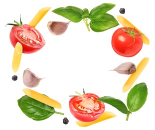 Image of Raw pasta, tomatoes, garlic and basil in air on white background