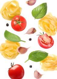 Raw pasta, tomatoes, garlic and basil in air on white background
