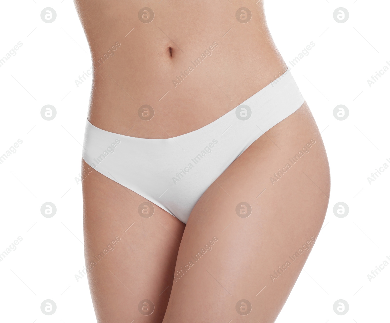 Photo of Woman with slim body posing on white background, closeup