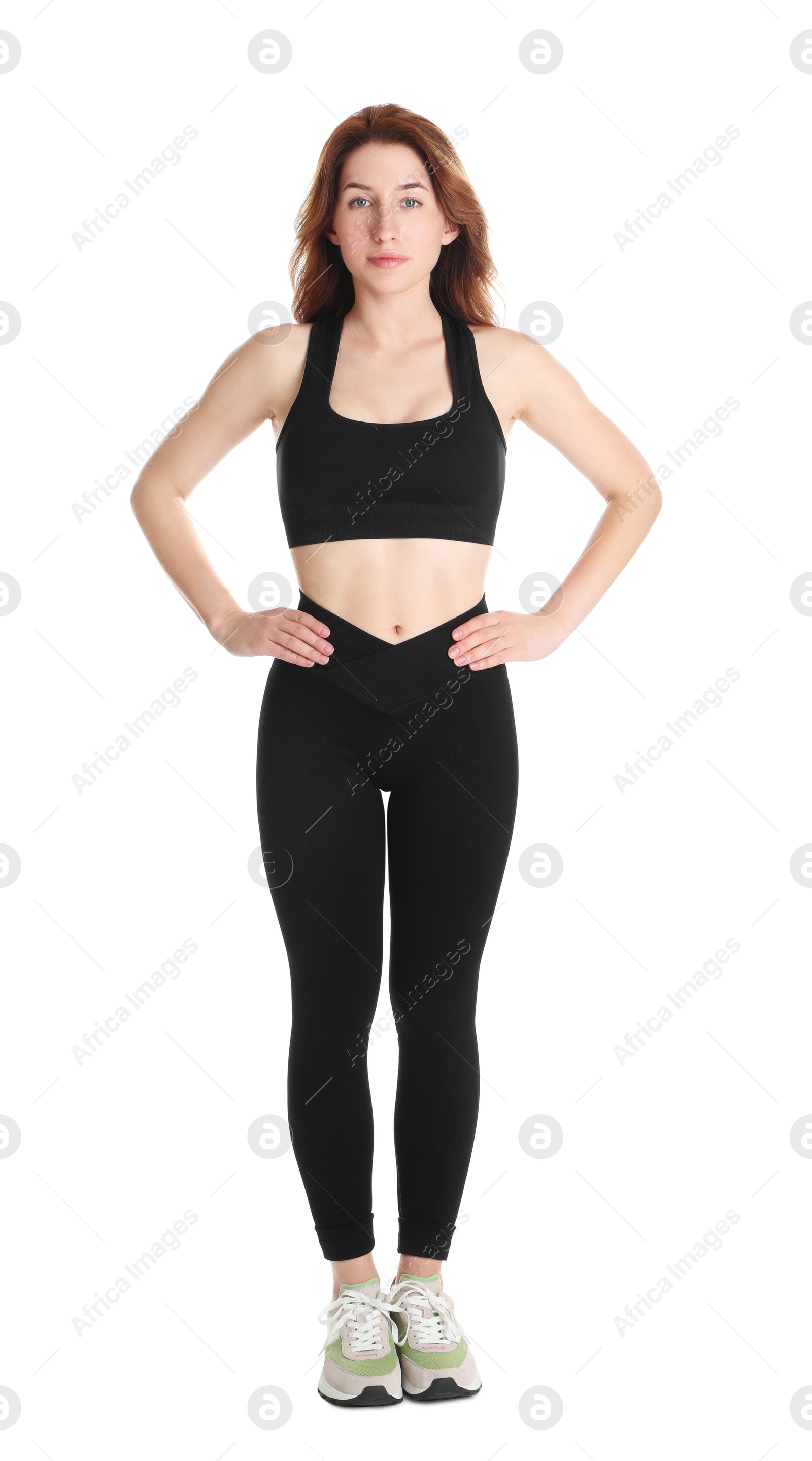 Photo of Woman with slim body posing on white background