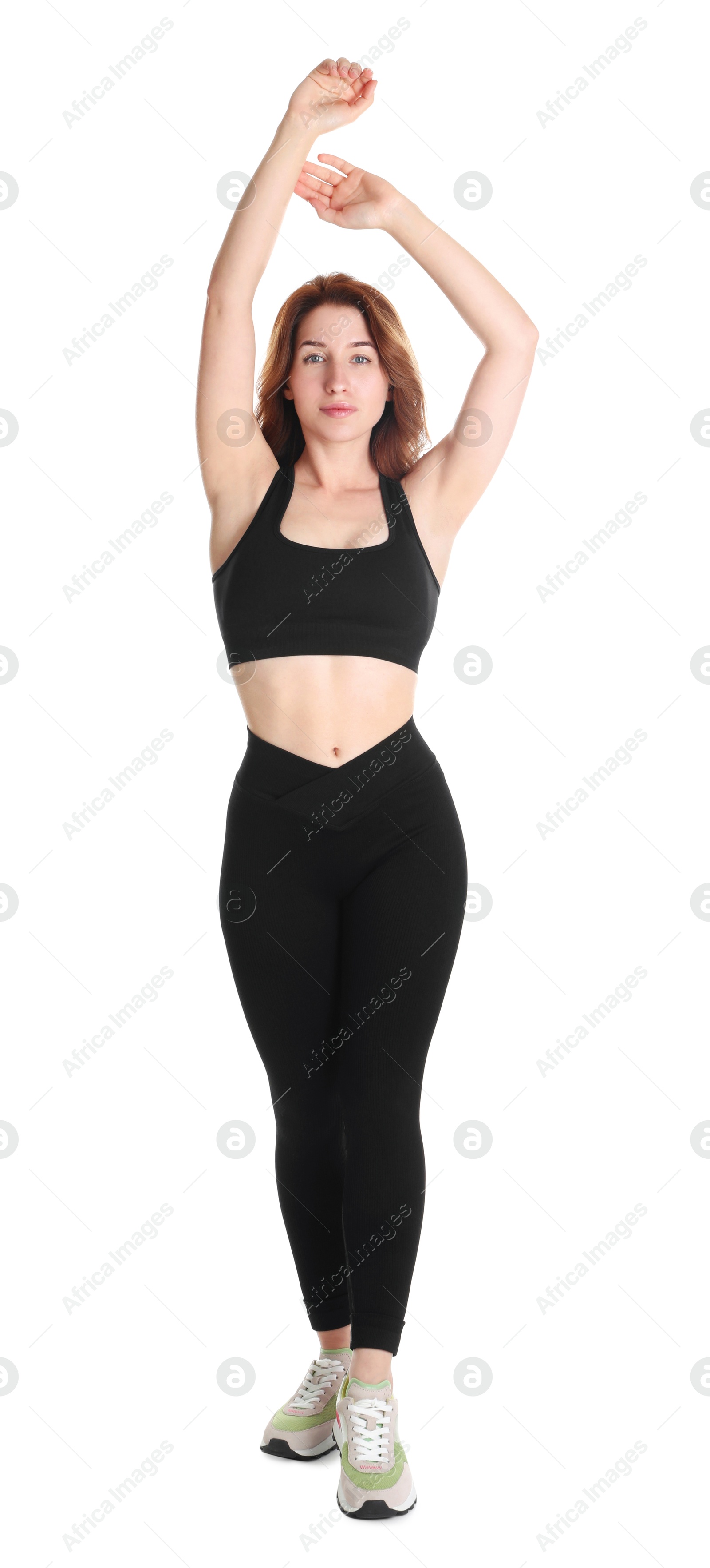 Photo of Woman with slim body posing on white background