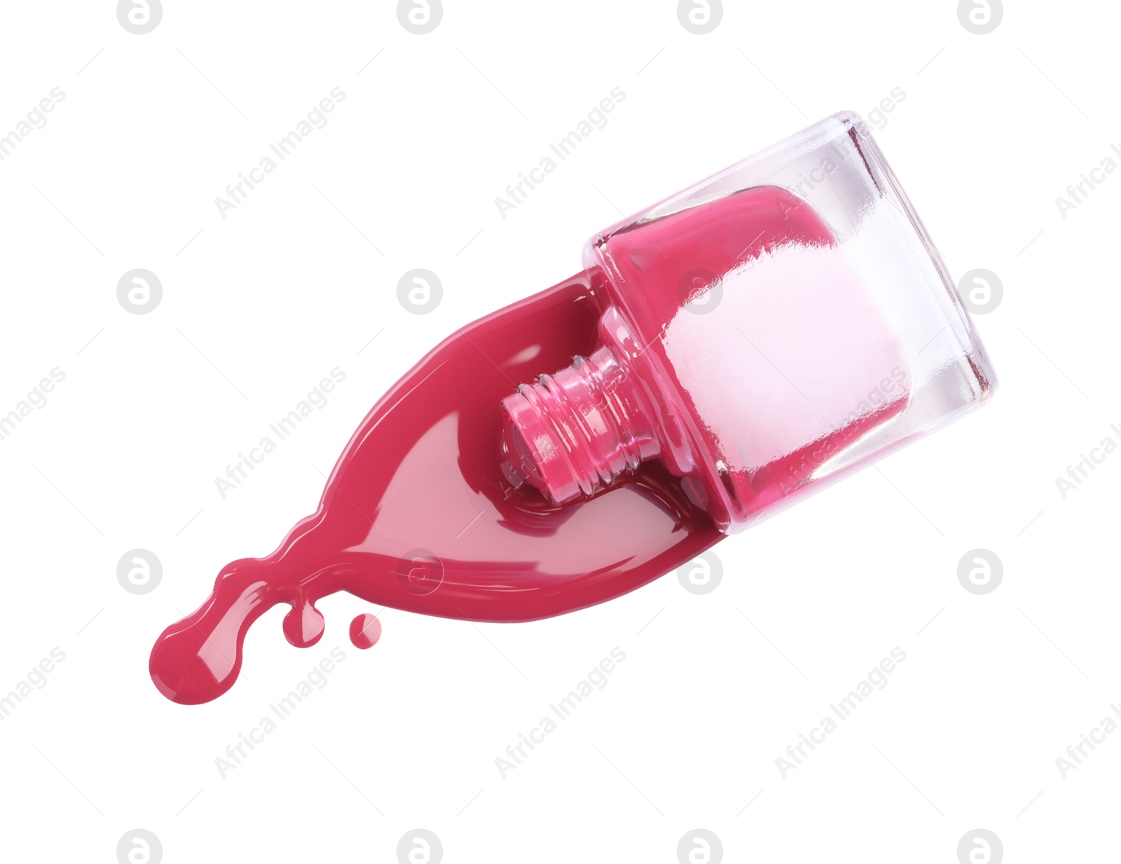 Photo of Bottle and spilled pink nail polish isolated on white, top view