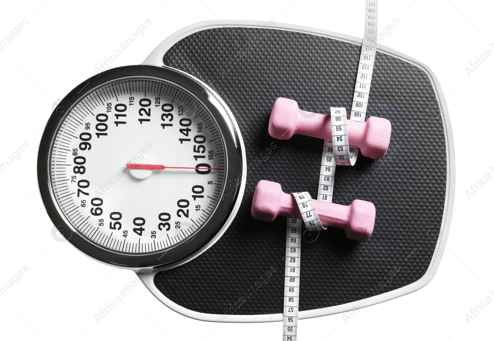 Photo of Bathroom scale, measuring tape and dumbbells isolated on white, top view