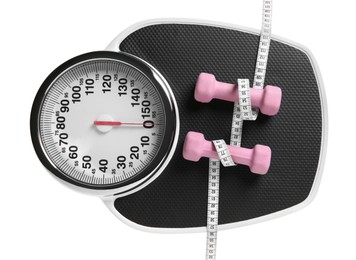 Photo of Bathroom scale, measuring tape and dumbbells isolated on white, top view