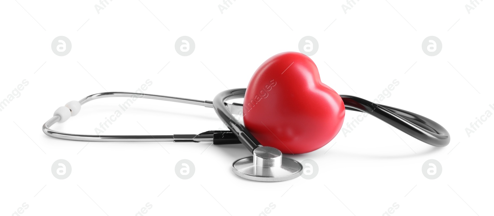 Photo of Stethoscope and red heart isolated on white