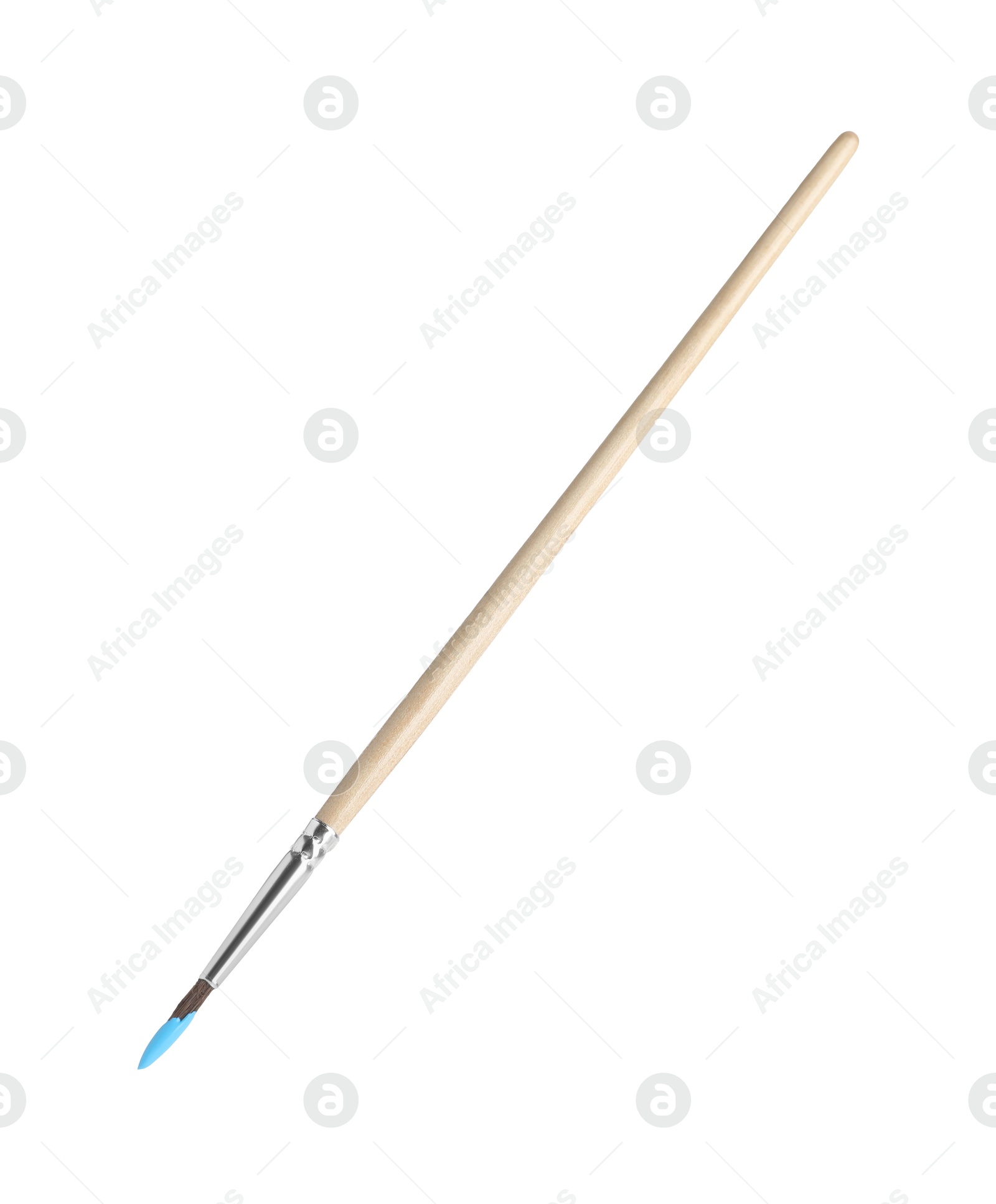 Photo of Wooden brush with light blue paint isolated on white