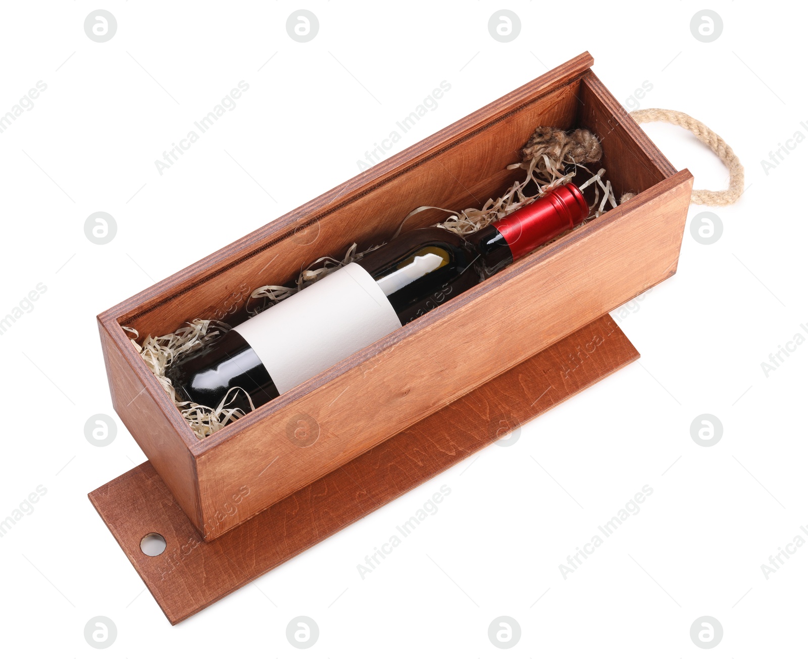 Photo of Wooden gift box with wine isolated on white