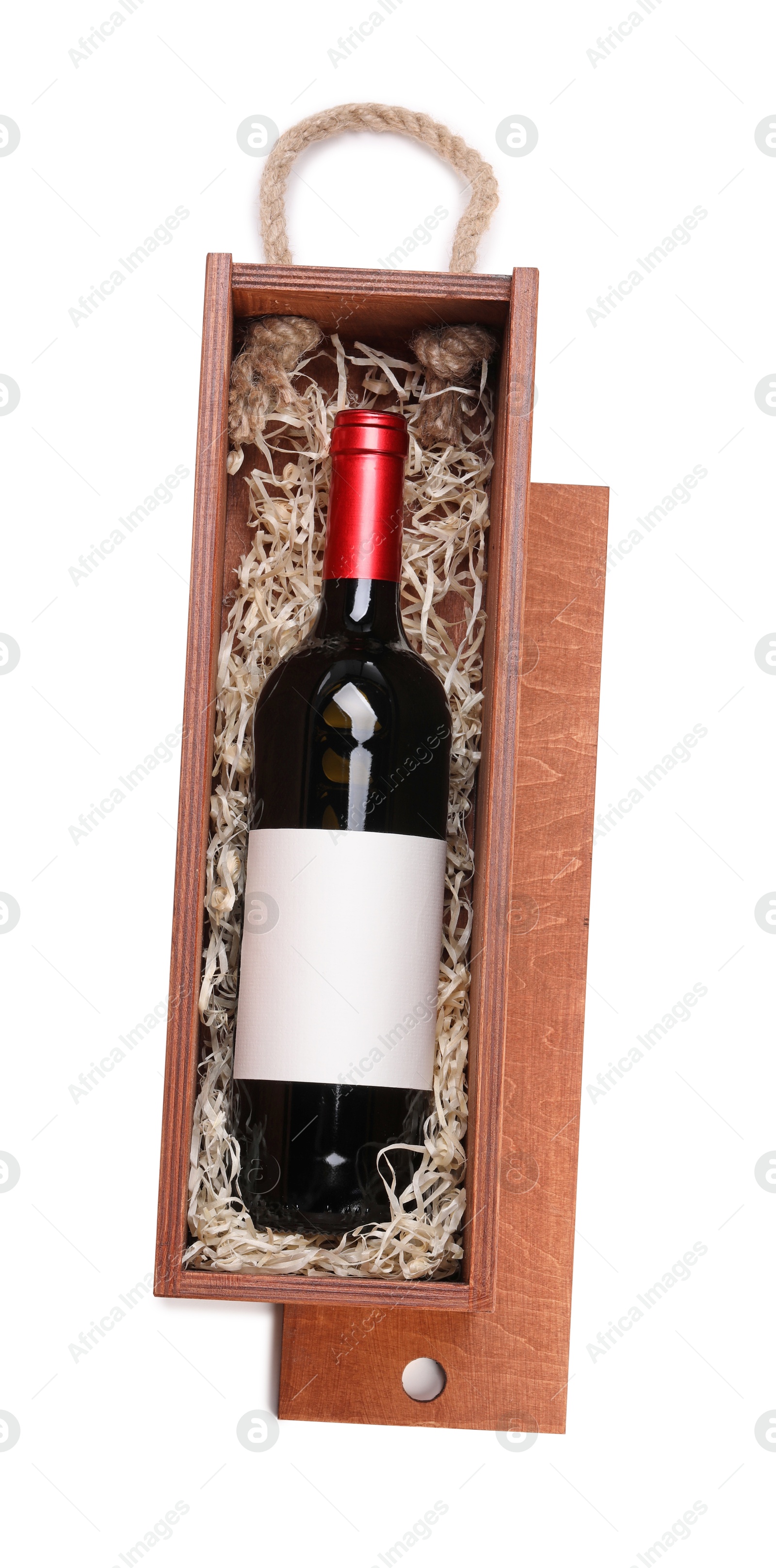 Photo of Wooden gift box with wine isolated on white, top view