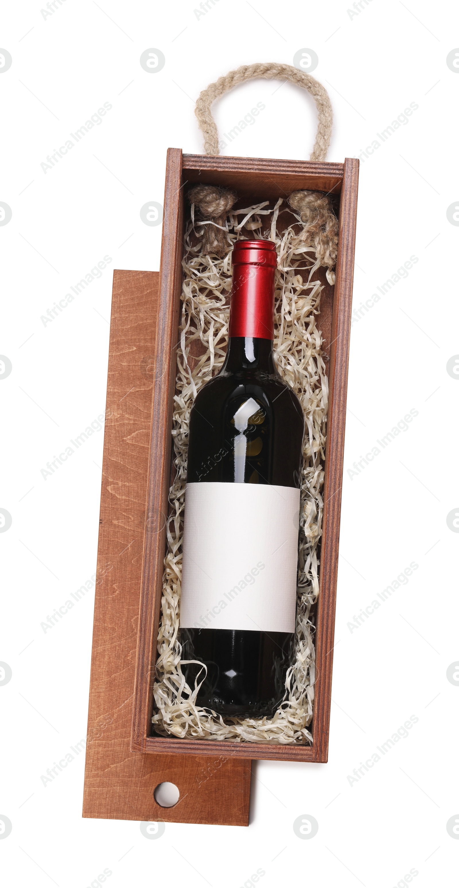 Photo of Wooden gift box with wine isolated on white, top view