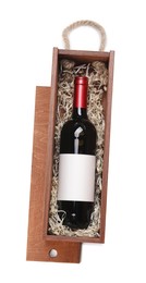 Wooden gift box with wine isolated on white, top view